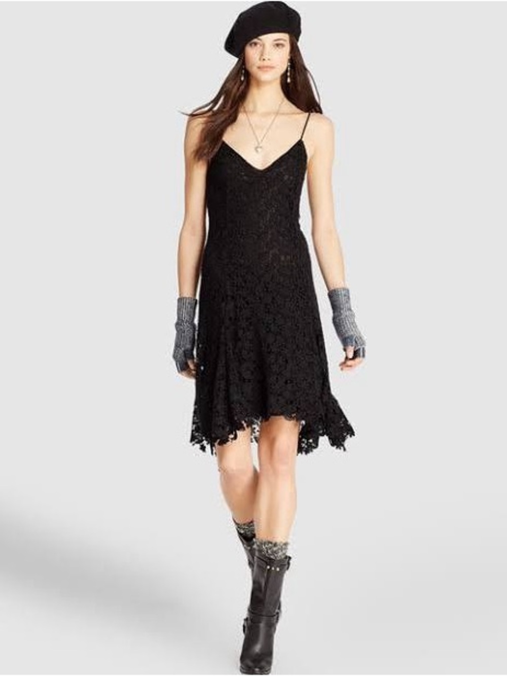 Ralph Lauren Black Lace Spaghetti-Strap Mini Dress